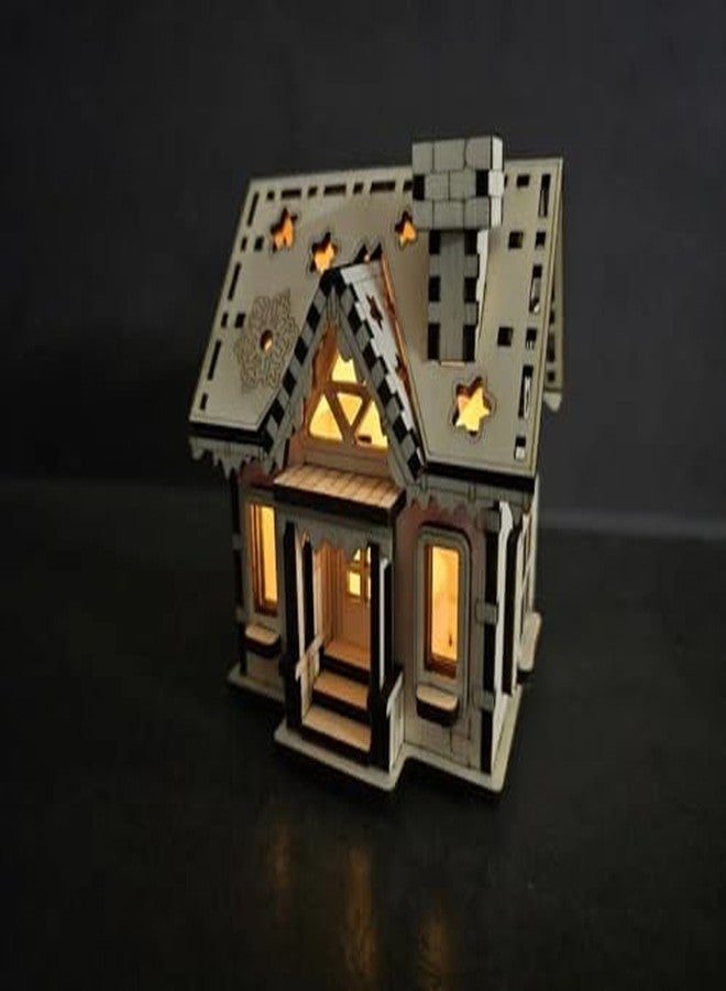 مكعبات ثلاثية الأبعاد، لعبة منزل عيد الميلاد الخشبية المقطوعة بالليزر مع إضاءة LED | نموذج كوخ خشبي مصنوع يدويًا بإضاءة دافئة | لعبة احتفالية صديقة للبيئة من الخشب الطبيعي للأطفال للعب الإبداعي والتعلم وتزيين طاولة المنزل كهدية - Image 3